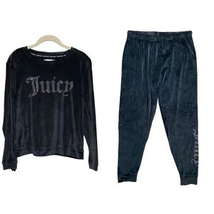 Juicy Couture Black Velour Lounge Set M Y2K Rhinestone Logo Tracksuit Cozy Glam